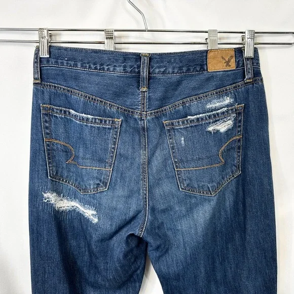 American Eagle Outfitters Size 8 Jeans Long Distressed High Rise Flare Blue 763 - Picture 10 of 11